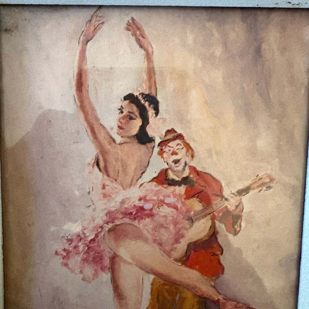 Vintage Ballerina and Clown Framed Art Print, Shabby Chic Wood Frame - Picture 3 of 6